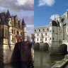 Chenonceau - à gauche le logis Renaissance, tel que modifié par Catherine de Médicis et son architecte Jean Bullant : ajout d'un corps de bâtiment entre la Chapelle et la Librairie, création de fenêtres sur la façade nord, ajout de 4 caryatides et balcon à l'italienne avec garde-corps ajouré en ferronnerie. A droite, le château aujourd'hui réintégré dans son état initial supposé par la restauration de Roguet.  