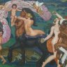 Bacchanale (circa 1929)  Huile sur toile de Emile Aubry (Sétif 1880 - Voutenay-sur-Cure 1964). Fils de médecin militaire, son père lui coupe les vivres quand il choisit d'entrer aux Beaux-Arts de Paris où il sera l'élève de Gérôme. Premier Grand Prix de Rome en 1907. Elu à l'Académie des Beaux-Arts en 1935. Si la plupart de ses œuvres ont été réalisées dans son atelier de la rue Chaptal, son travail est aussi fortement imprégné par les paysages d'Algérie où il retourna souvent. Marqué par la Guerre de 14-18, il peint un "Hommage aux morts de la guerre"  exposé dans la Salle du Souvenir de la mairie du Vème à Paris.