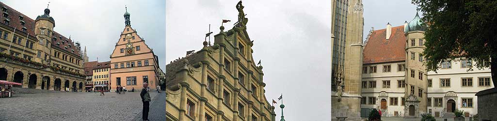 Rothenburg ob der Tauber : Marktplatz, pignon Renaissance du Rathauss et Kirchplatz 